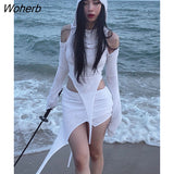 Soild Sexy Hollow Out Two Piece Sets Womens Outfits Short Skirt Asymmetries Clothes Silm Streetwear Strapless Sleeves Top-Outfit