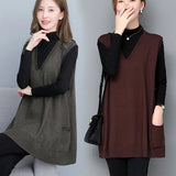 Woherb Autumn Long Loose Wear V-Neck Knit Thin Vest Vest New Large Size Set Vest Female-Outfit