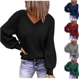 Woherb And Winter New Large Size Loose Sweater V-Neck Pure Color Pullover Sweater Female-Outfit
