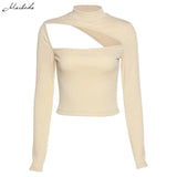 Solid Autumn Slim T Shirt Women Sexy Hollow Out Long Sleeve Turtleneck Clothing Lady Skinny Casual Crop Top 2020