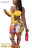 Two Piece Set Women Outfits Sexy Lace Up Tube Crop Top + Prints Flare Pants Skinny Club Sets Summer Casual Tracksuit y2k-Outfit