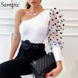 White Black Patchwork Mesh Blouse Women Polka Dot Puff Sleeve Top One Shoulder Sexy Clothing Female Blusa Shirt