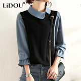 Korean Doll Collar Office Lady Fake Two Piece Long Sleeve Blouses Elegant Fashion Pullover Tops Women Loose Casual Shirts-Outfit