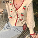 Newest Cardigans Women Sweet Elegant V-neck Lovely Cherry Patchwork Ladies Outwear Gentle High Street Leisure Trendy Chic-Outfit