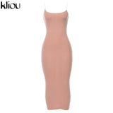 Kliou strap backless sexy bodycon midi long dress new women high waist cotton striped dresses elegant fashion party