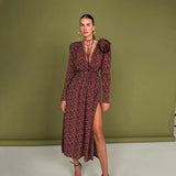 Woherb Women's Early Spring 2024 New Floral Dress Sexy Deep V Tie With Waist Side Slit Skirt-Outfit