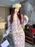 Spring Elegant Vintage Knitting 2 Piece Set Women Long Sleeve V-neck Cardigan + A-line Skirt Retro Two Piece Skirt Set-Outfit