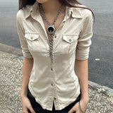 Waste Wind Single Buckle Shirt Women Retro Waist Thin Set New Double Pocket Sleeve
