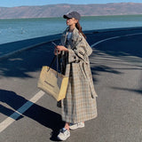 New Double-Breasted Loose Trench Coat with Belt Plaid Duster Coat for Lady Spring Autumn Female Outerwear Loose