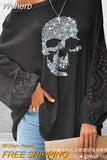 Women Loose Elastic Pullover T Shirt Glitter Skeleton Lantern Sleeve Top Tshirt Fashion Casual-Outfit