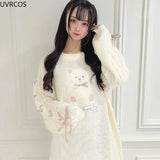 Sytle Kawaii Lolita Knitted Pullover Women Cute Cartoon Bear Embroidery Bow Bandage Sweater Female Sweet Chic Bunny Top-Outfit