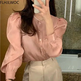 2022 Spring French Style Semitransparent Bling Tops Cute Girls Office Lady Single Breasted Button Shirts Pink Chic Korea