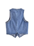 2023 Women Summer Denim Vests Coats Fashion Solid Pockets Buttons V-Neck Female Elegant Street Waistcoat Vest Clothing-Outfit