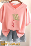 100% Cotton L-5XL Plus Size T Shirt Print Short Sleeve Women's Top Japanese Summer Sweet Couple V Neck Oversize T Shirts-Outfit