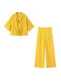 2023 Women Summer Loose 2-Pieces Sets Fashion Solid Satin Blouses Tops and Trousers Female Elegant Two Suits Clothing-Outfit