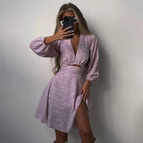 Woherb Women's Wear 2023 Summer New Fashion Long-Sleeved V-Neck Careful Machine Dress Print Show Thin French Skirt-Outfit
