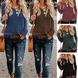 2020 Spring Autumn New Sexy V Neck Women's T Shrits Fashion Casual Solid Long Sleeve Ladies Waffle Check Knit Loose
