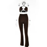 Knitted Two Piece Set Women Summer Outfits Halter Crop Top+ Straight Pant Matching Sets Femme Sexy Streetwear