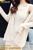 Women Knitted Cardigan And Dress Suits Mid-Calf Length Long Sleeve Strap Dress 2 Piece Female Knitted Sweater Set QT128-Outfit