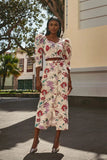 Women Elegant Linen Flower Printed Slit Midi Skirt Suit Chic Puff Sleeves Backless Crop Top Set Summer Lady High Streetwear 2024-Outfit