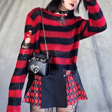 Hole Ripped Short Sweater Female Couple Striped Loose Punk Dark Sweater Versatile Knit-Outfit