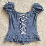 y2k Kawaii Milkmaid krótki Top przycisk Ruffles wykończenia zasznurować T-shirt kobiety swetry Tees słodki Fairycore Grunge gorset-Outfit