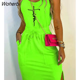 Women Summer Letter Print Split Hem Drawstring Casual Dress 2022 Lady Fashion U-Neck Sleeveless Tank Dress Robe Femme Clothing-Outfit