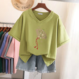 100% Cotton L-5XL Plus Size T Shirt Print Short Sleeve Women's Top Japanese Summer Sweet Couple V Neck Oversize T Shirts-Outfit