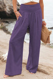Summer 2022 Cotton Linen Style Women Loose Long Trousers Leisure Solid Color High Waist Ruched Beach Wide Leg Pants with