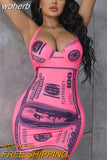 Dollar Print Pink Mini Dress for Women Elegant Halter Lace Up Bodycon Evening Club Party Dresses y2k Clothes Hot Girls-Outfit