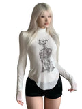 Mesh Printing Graphic T Shirts Streetwear See Through Y2K Clothes Slim Long Sleeve Crop Top Women Vintage Hot Ropa De M-Outfit