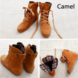 Suede Leather Ankle Boots Casual Lace Up Winter Boots Comfortable Soft Rubber Solid Black Flat Shoes Plus Size Female