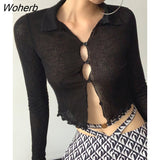 Puss Knitting See Through Black T-Shirts Women Fall Trend Long Sleeve Ruffles Skinny Tops Button Soft Casual Autumn Tees-Outfit