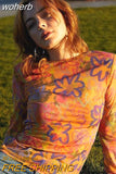 Graphic Print Green Mesh Sheer T-shirt Long Flare Sleeve Slim Crop Tops Sexy See Trough Women Tops Y2K Vintage Grunge-Outfit
