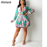 Piece Set Women Fashion Printed Shirt Pleated Skirt Suit Ladies Casual Two Piece Suit-Outfit