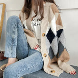 2021 Women's Sweaters Winter Spring Plaid V-Neck Cardigans Button Puff Sleeve Checkered Oversize Sweater Tops