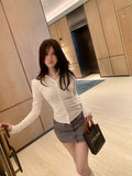 Sexy Shirts Skinny Grey Y2k Long Sleeve Pleated Elegant Chic Korean Fashion Streetwear Outer Wear Layer Top Office Lady