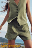 2023 Women Summer 2 pieces sets Fashion Solid Linen Vests Coats and Shorts Female Linen Casual Street Two Suits Clothing-Outfit