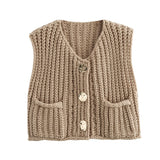 2025 Spring And Autumn 2025 New Women's Pocket Sleeveless Short Knitted Cardigan