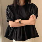 Woherb Chic Summer Careful Machine Back Hollow Tie Doll Shirt Female Loose Solid Color Bubble Sleeves Shirt Jacket-Outfit