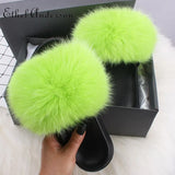 ANERSON Real Fox Raccoon Fur Slippers for Women Fur Slides Flip Flops Beach Plush Fluffy Furry Designer Slippers