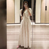 Woherb Chic Niche Temperament V Neck Hollow Lace Embroidered Jacket Women High Waist Pressure Pleated Skirt Two Sets Of Women-Outfit