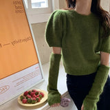 Autumn New Temperament Lazy Wind Reduction Age Green Knitting Short Design Sense Small Sleeve Sweater Female-Outfit