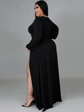 Romantic V-neck Full Sleeves Solid Slit Maxi Plus Size Long