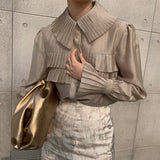 New Stylish Transparent Pleated White Shirts Women Turn-down Collar Single-breasted Loose Female Blouse Tops Blusas