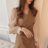 Woherb Long-Sleeved Chiffon Dress Waist Show Thin Bottom Skirt Female New Fake Two Foreign Style Small Short Skirt-Outfit