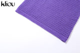 Kliou Knitted Two Piece Set Women Skirt Elegant Classy Back Criss Cross Bandage Camisole Top+Ribbons Hollow Out Female
