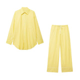 Women Fashion Oversized Striped Shirts And Mid Elastic Waist With Drawstring Pants Female Two Piece Sets Mujer-Outfit
