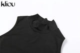 Kliou Solid Concise Two Piece Set Women Skinny Mock Neck Sleeveless Bodysuits+ Mesh See Through Leggings Acctivewear Female