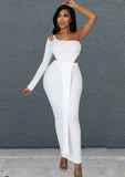 Sexy Hollow Out One Shoulder Irregular Top and Slit Long Skirt 2 Ppiece